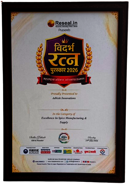Vidharbha Ratna Puraskar 2026 certificate — Excellence in Spice Manufacturing & Supply